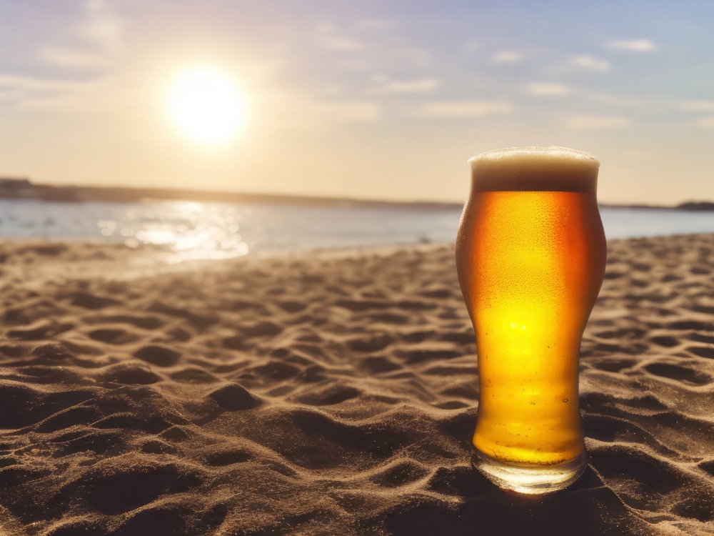 large glass of frothy beer standing on a sandy beach as the sun sets in the background. The golden liquid shines in the light of the setting sun, creating a warm and inviting atmosphere. The tall glass, filled with a generous amount of foam, represents the idea of relaxation and enjoyment. The sandy beach and the sun setting in the background suggest a peaceful and calm environment, perfect for a refreshing drink. The combination of the beer, the beach, and the sunset create a harmonious image that inspires feelings of leisure and contentment. AI generative illustration