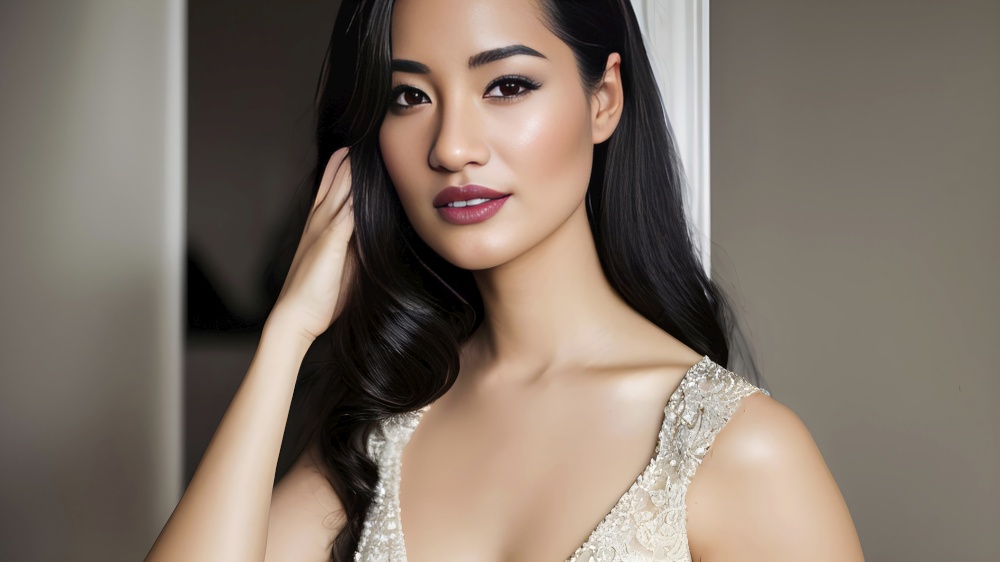 A young Asian woman exudes elegance and style in this fashion-forward image. She is dressed in an exclusive dress, the cut and fabric draping perfectly on her body. Her long dark hair is styled in a sleek, modern look, and her makeup is flawless, accentuating her natural beauty. Her pose exudes a sense of poise and confidence. The background is blurred, keeping the focus on the woman and her fashion-forward look. She could be on her way to a red carpet event, a gala or a high-end party. The overall feeling of the image is one of luxury and exclusivity, making it perfect for use in fashion, beauty or lifestyle content related to luxury and high-end events.. Generative ai illustration