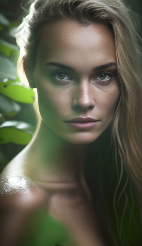 Beautiful woman stands in a forest, surrounded by vibrant green foliage and bathed in soft natural light. Her serene expression and natural beauty are emphasized by the peaceful surroundings, creating a tranquil and captivating image. AI generative illustration
