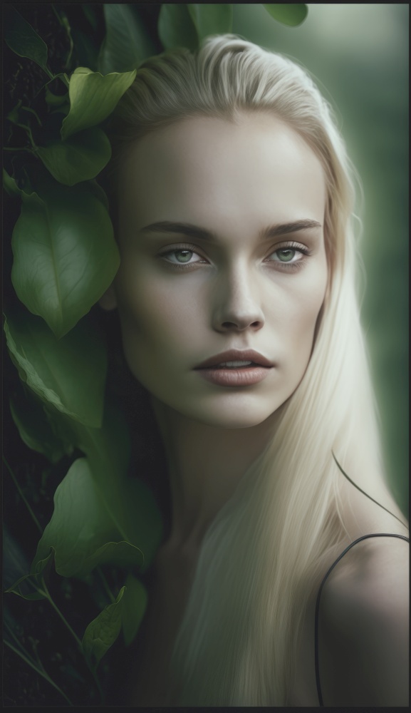 Beautiful woman stands in a forest, surrounded by vibrant green foliage and bathed in soft natural light. Her serene expression and natural beauty are emphasized by the peaceful surroundings, creating a tranquil and captivating image. AI generative illustration