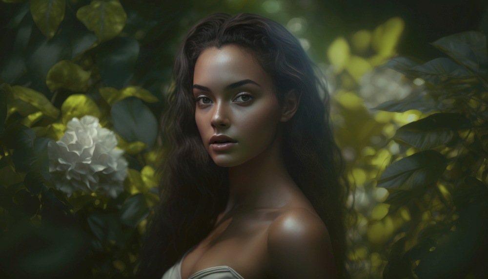 Stunning girl stands amidst a lush green forest, illuminated by the golden rays of the sun. Her natural beauty shines through, accentuated by the verdant surroundings. It&rsquo;s a captivating scene that embodies the beauty of nature and human spirit. AI generative illustration