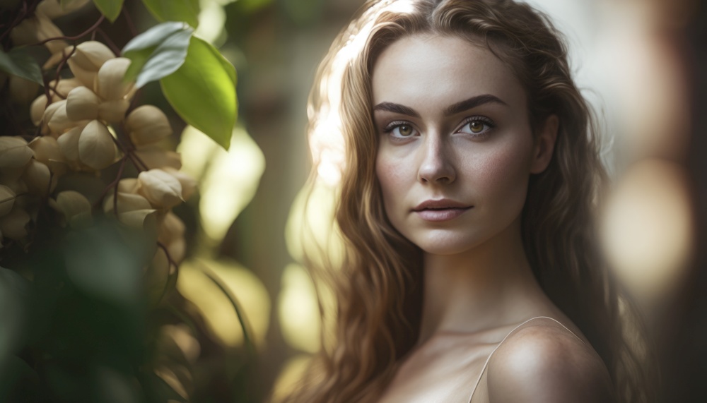 Stunning girl stands amidst a lush green forest, illuminated by the golden rays of the sun. Her natural beauty shines through, accentuated by the verdant surroundings. It&rsquo;s a captivating scene that embodies the beauty of nature and human spirit. AI generative illustration
