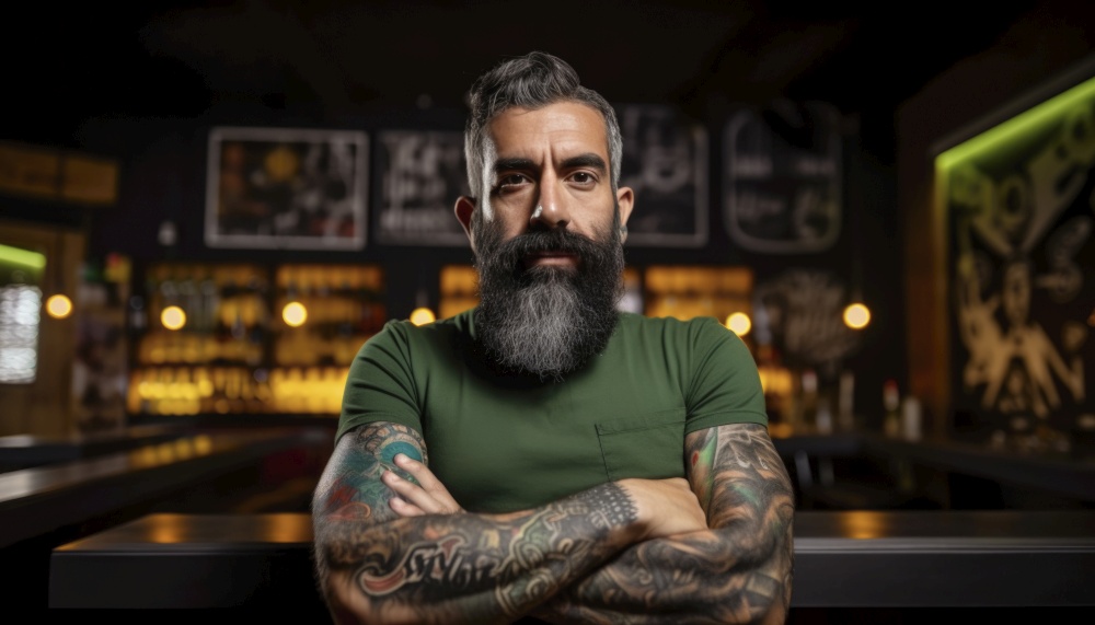 male bartender stands with his arms crossed in front of a bar at night. He appears confident and poised, with a serious expression on his face. The bar behind him is dimly lit, creating a moody atmosphere. AI generative illustration