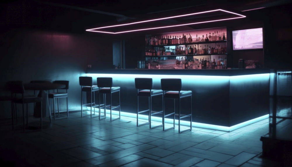 Dimly lit night club is adorned with neon lights that cast an eerie glow across the empty dance floor. The hazy atmosphere hints at a wild night just passed, while the quietness reminds us that the party is over for now. AI generative illustration