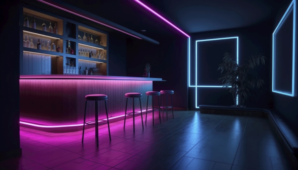 Dimly lit night club is adorned with neon lights that cast an eerie glow across the empty dance floor. The hazy atmosphere hints at a wild night just passed, while the quietness reminds us that the party is over for now. AI generative illustration