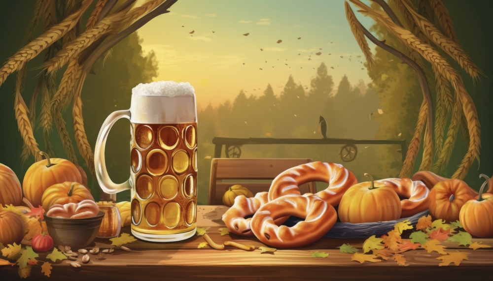 Refreshing glass of German beer, filled to the brim with golden liquid and topped with a frothy head. The glass sits proudly on a wooden table, surrounded by the lively atmosphere of the Oktoberfest celebration. Generative AI illustrations