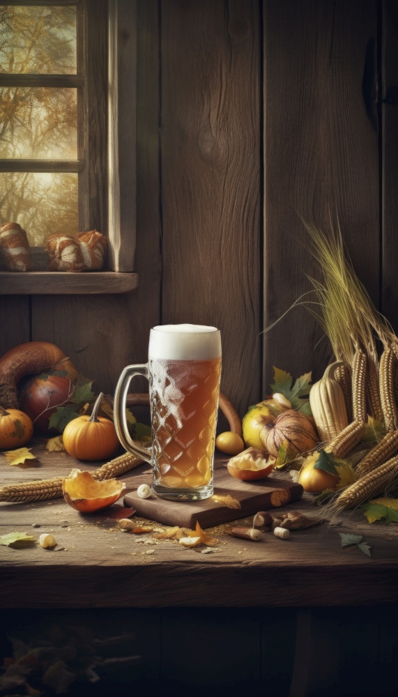 Refreshing glass of German beer, filled to the brim with golden liquid and topped with a frothy head. The glass sits proudly on a wooden table, surrounded by the lively atmosphere of the Oktoberfest celebration. Generative AI illustrations