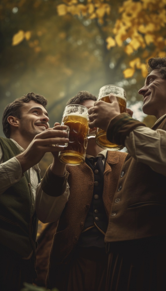 Group of men drinking beer around a table, holding steins of frothy beer and raising them in a toast at the Oktoberfest. The men appear to be enjoying each other&rsquo;s company and the festive atmosphere of the event, with smiles on their faces and traditional Bavarian clothing adding to the scene. Generative AI illustrations