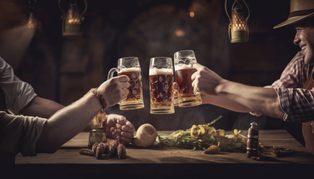 Group of men drinking beer around a table, holding steins of frothy beer and raising them in a toast at the Oktoberfest. The men appear to be enjoying each other&rsquo;s company and the festive atmosphere of the event, with smiles on their faces and traditional Bavarian clothing adding to the scene. Generative AI illustrations