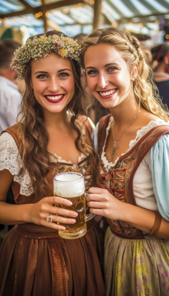 Two best friends are pictured enjoying beer while celebrating Oktoberfest in Munich. The girls are smiling and appear to be having a great time as they hold their beers. The backdrop of the photo features traditional Bavarian setting and decorations, adding to the festive atmosphere. Generative AI illustrations