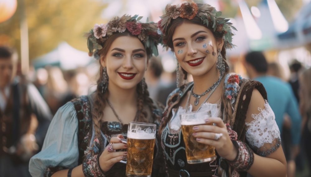 Two best friends are pictured enjoying beer while celebrating Oktoberfest in Munich. The girls are smiling and appear to be having a great time as they hold their beers. The backdrop of the photo features traditional Bavarian setting and decorations, adding to the festive atmosphere. Generative AI illustrations