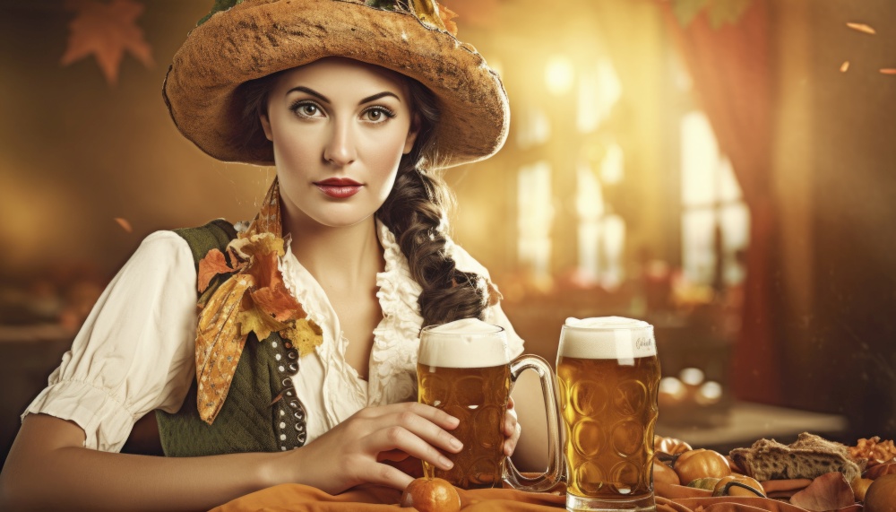 Charming German waitress clad in traditional attire is depicted serving frothy beer at the bustling Oktoberfest celebration in Germany. The vibrant atmosphere of the festival is evident in the background,. Generative AI illustrations