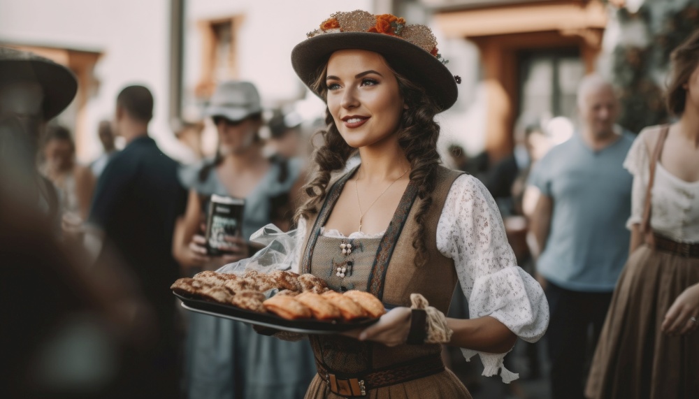 Charming German waitress clad in traditional attire is depicted serving frothy beer at the bustling Oktoberfest celebration in Germany. The vibrant atmosphere of the festival is evident in the background,. Generative AI illustrations