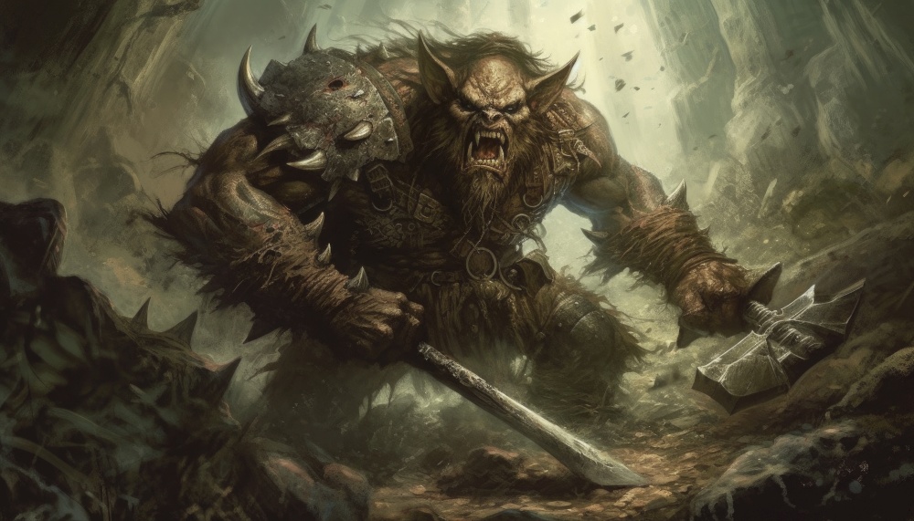 Fearsome orc warrior wields a massive weapon with rage in his eyes. His grotesque features, marked by a harsh and cruel demeanor, make him a formidable foe to any who might cross his path. Generative AI illustrations