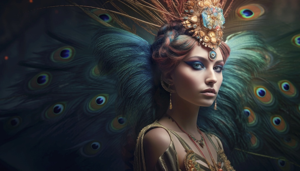 Beautiful woman adorned in mesmerizing blue and green feathers resembles a majestic peacock. Her striking beauty and elegance are evident as she looks confidently in her own beauty. Generative AI illustrations