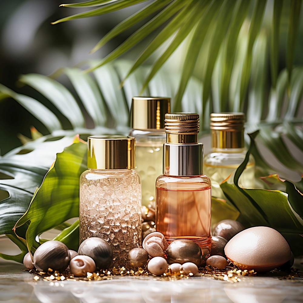 Beauty product setting with glass bottle of serum, essential oil and hyaluronic acid toner at sunny palm leaves background