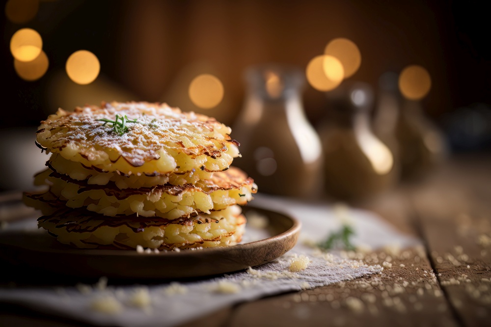 Fresh tasty potato pancakes on a plate. Illustration Generative AI