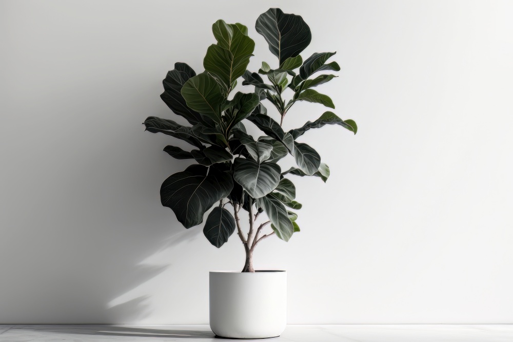 Ficus Lyrata Fake Plant with a beige wall. AI Generative Illustration