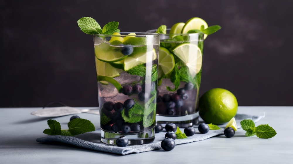 Summer alcoholic cocktail blueberry mojito with rum, Illustration Generative AI