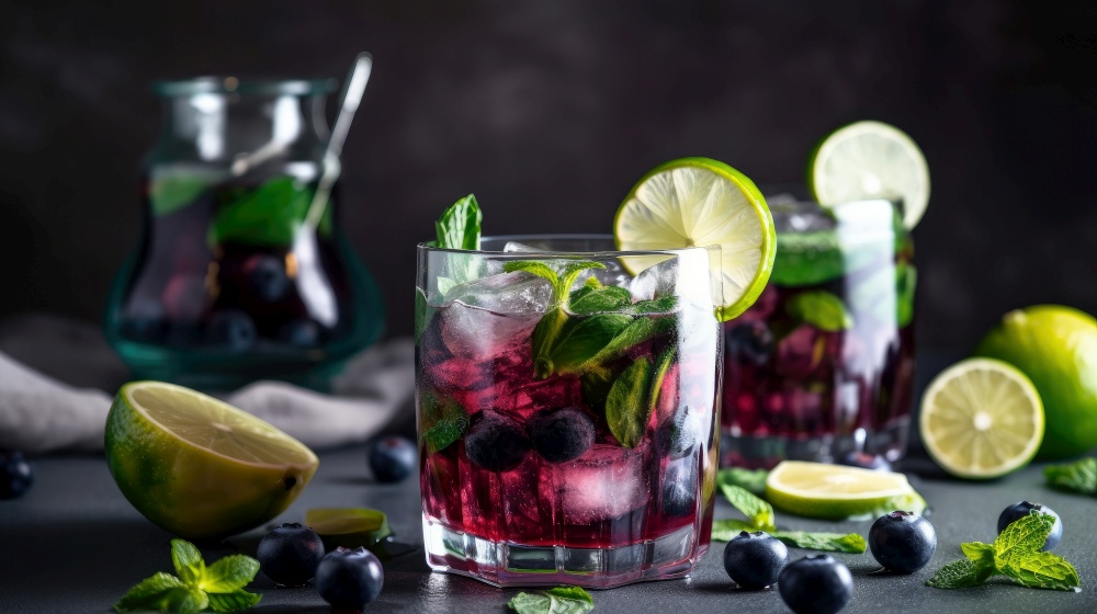 Summer alcoholic cocktail blueberry mojito with rum, Illustration Generative AI