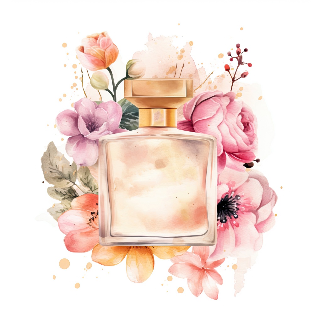 Perfume bottle with flowers. Illustration Generative AI