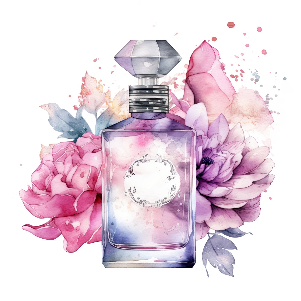 Perfume bottle with flowers. Illustration Generative AI