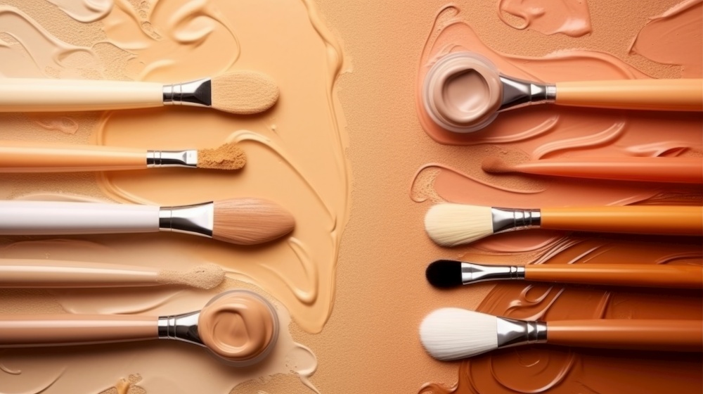 Smears and drops of various cosmetic products and pipettes on beige background  Illustration Generative AI