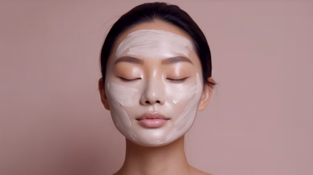 Beautiful young woman, applying facial moisturizing mask on face, Illustration Generative AI