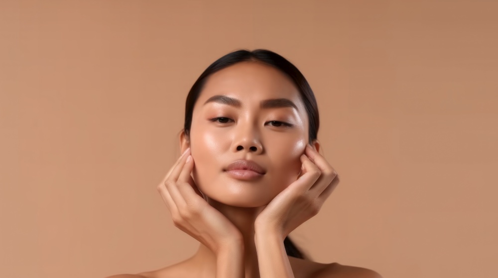 Beautiful young woman, applying facial moisturizing mask on face, Illustration Generative AI