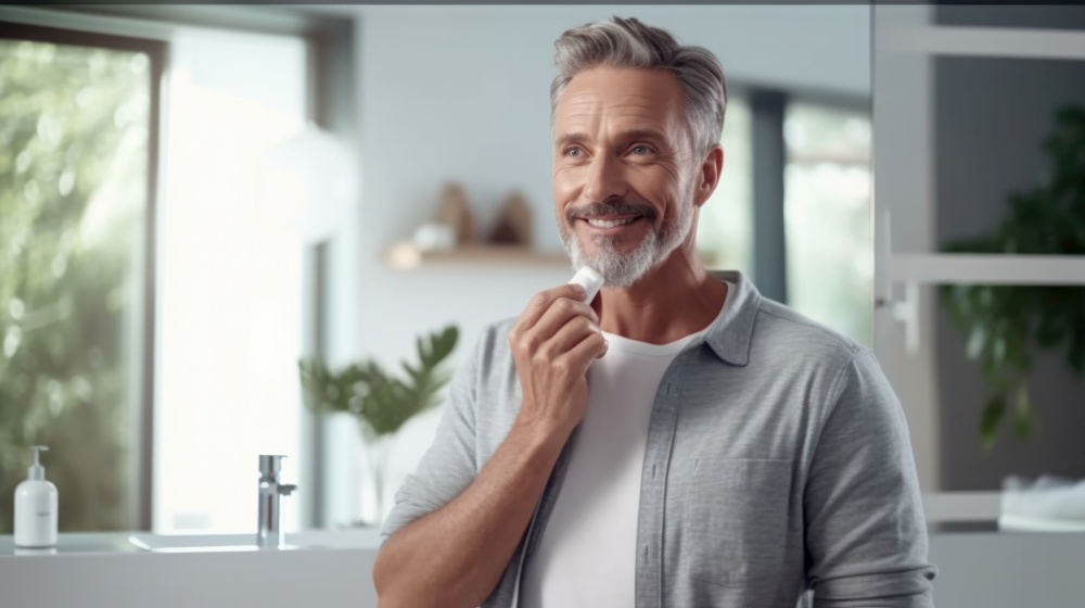 Handsome Man Applying Face Cream in the Bathroom  Illustration Generative  AI