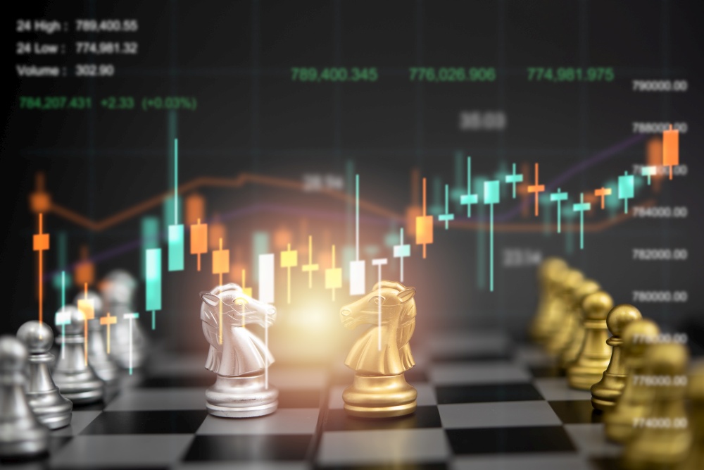 chess game on board indicators chart forex and graph stock market finance investment business digital marketing finance concept.