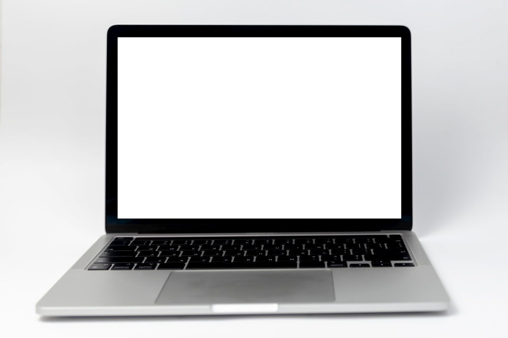 laptop computer frame with isolated white background blank screen. template presentation and advertisement.