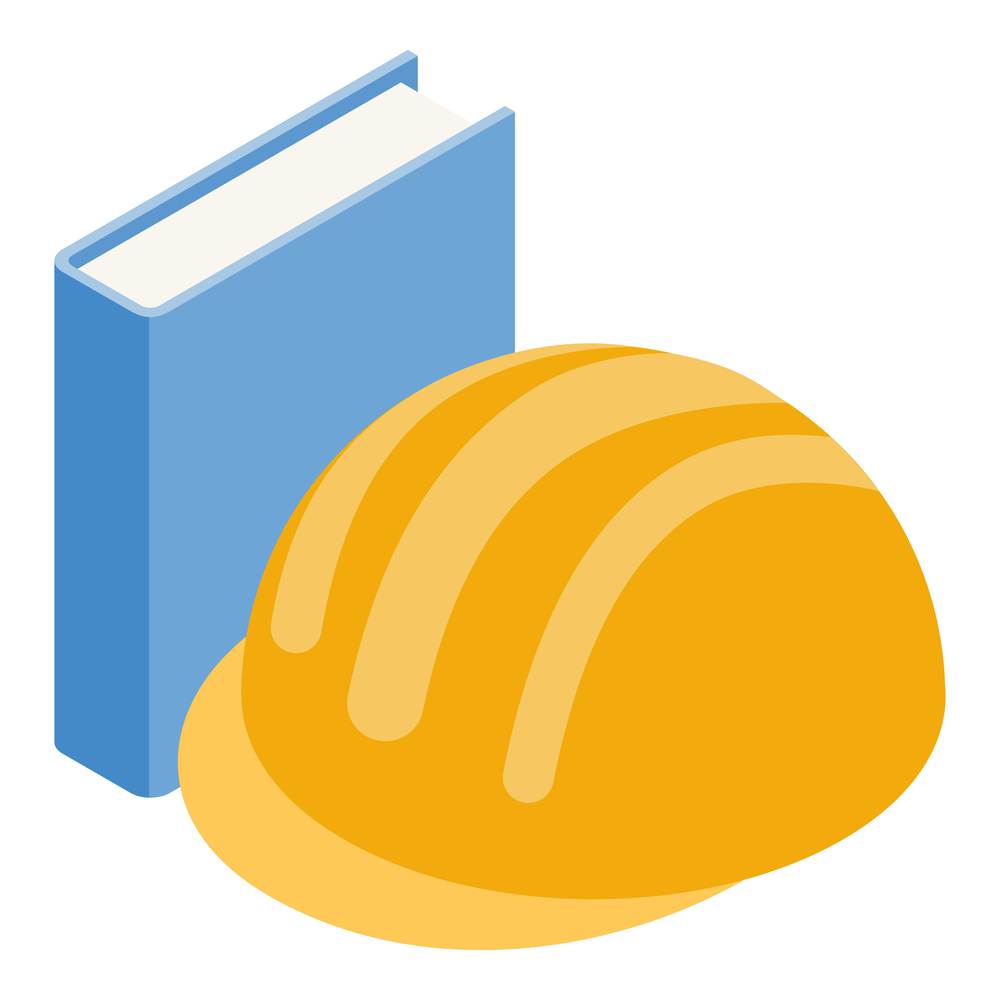 Building education icon isometric vector. Yellow construction helmet and book. Learning, construction industry education. Building education icon isometric vector. Yellow construction helmet and book