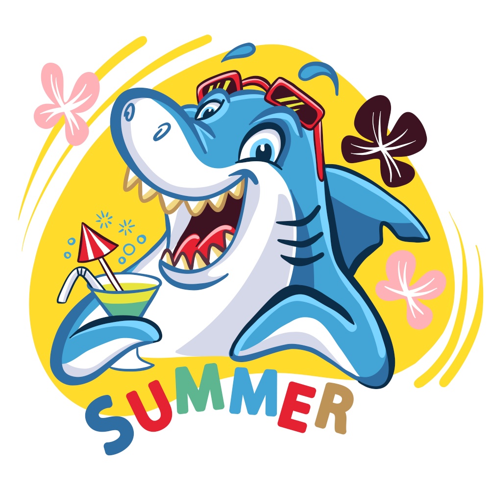 Funny shark with coctail and sunglasses. Lettering summer. Cute vector illustration with summer beach holidays mood. For print, design, posters, cards, stickers, decor, apparel and party. Funny shark with a coctail summer vector illustration