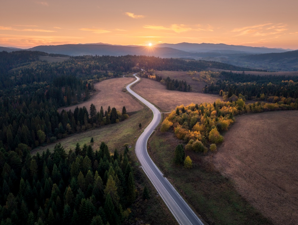 Aerial view of mountain road in autumn forest at sunset in Ukraine. Top view from drone of road in woods. Beautiful landscape with highway in hills, trees, meadows, orange sky, golden sunlight in fall. Aerial view of mountain road in autumn forest at sunset