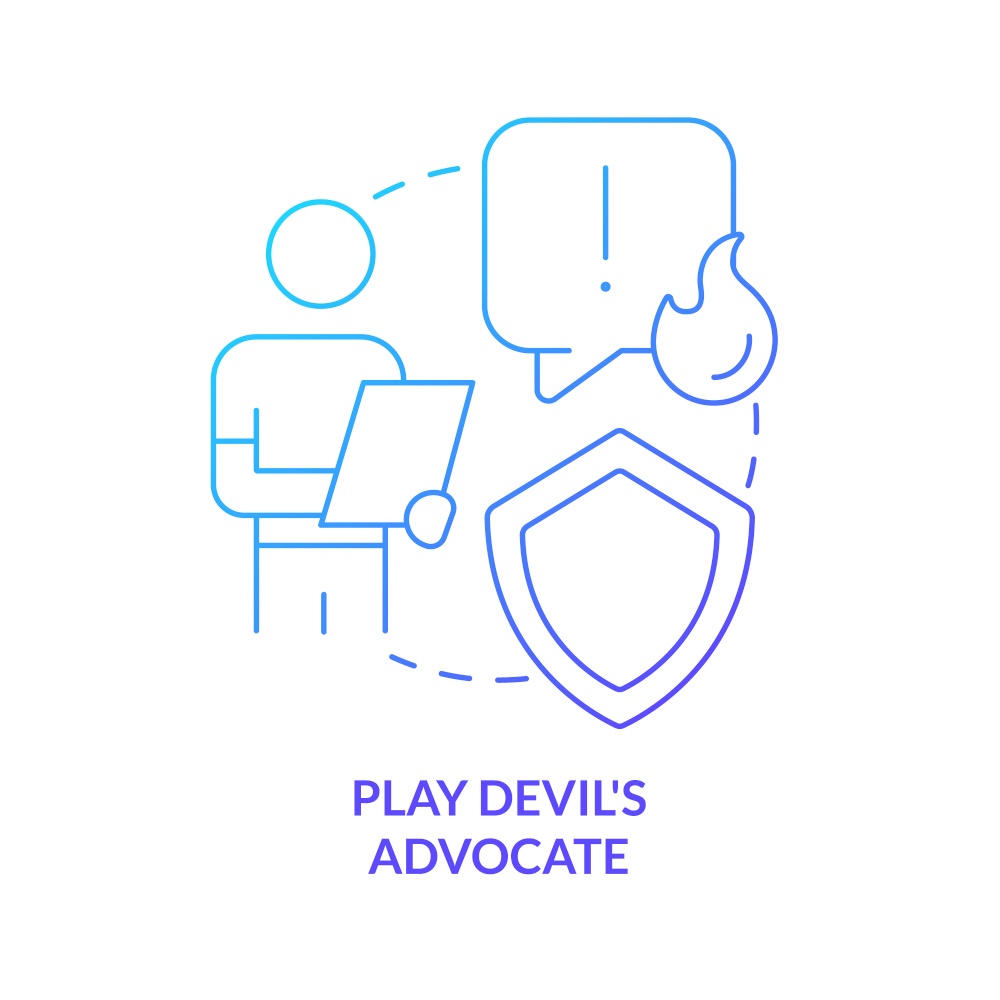 Play devil advocate concept blue gradient icon. Take opposing viewpoint. Deal with untypical issues abstract idea thin line illustration. Isolated outline drawing. Myriad Pro-Bold font used. Play devil advocate concept blue gradient icon