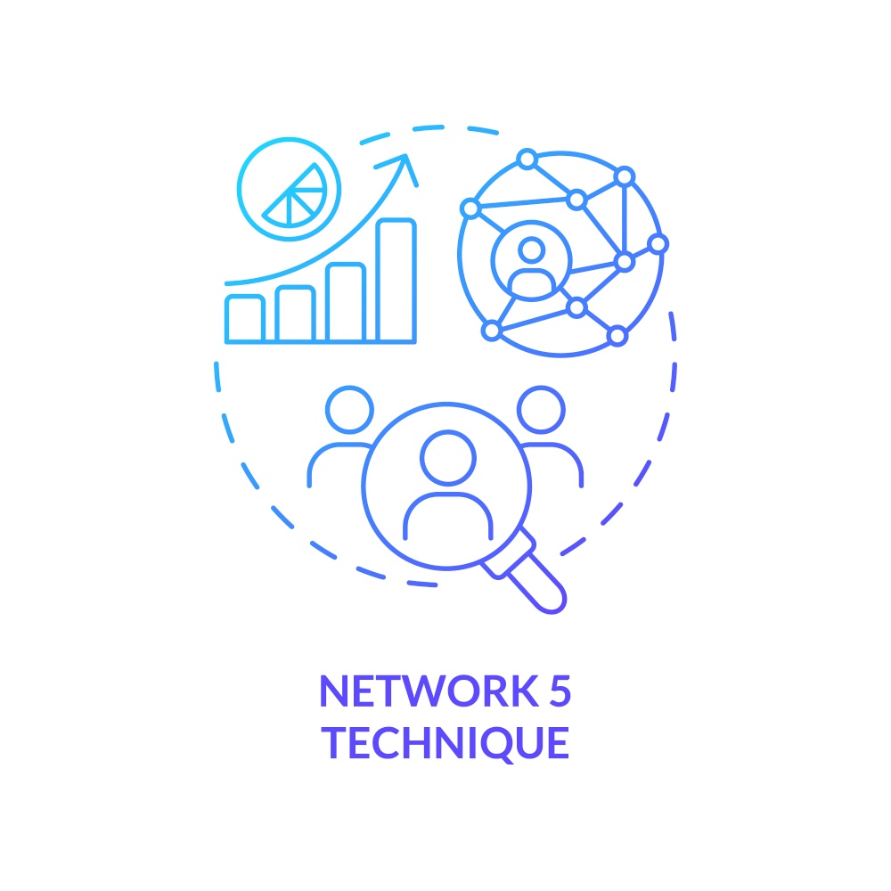 Network five technique concept blue gradient icon. Random act of kindness. Boost interaction. Engagement trick abstract idea thin line illustration. Isolated outline drawing. Myriad Pro-Bold font used. Network five technique concept blue gradient icon