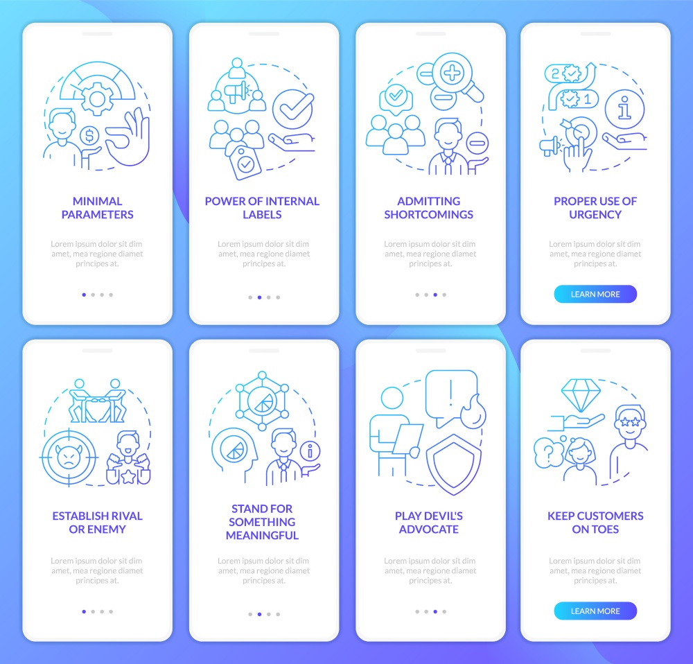 Psychological marketing blue gradient onboarding mobile app screen set. Walkthrough 4 steps graphic instructions with linear concepts. UI, UX, GUI template. Myriad Pro-Bold, Regular fonts used. Psychological marketing blue gradient onboarding mobile app screen set