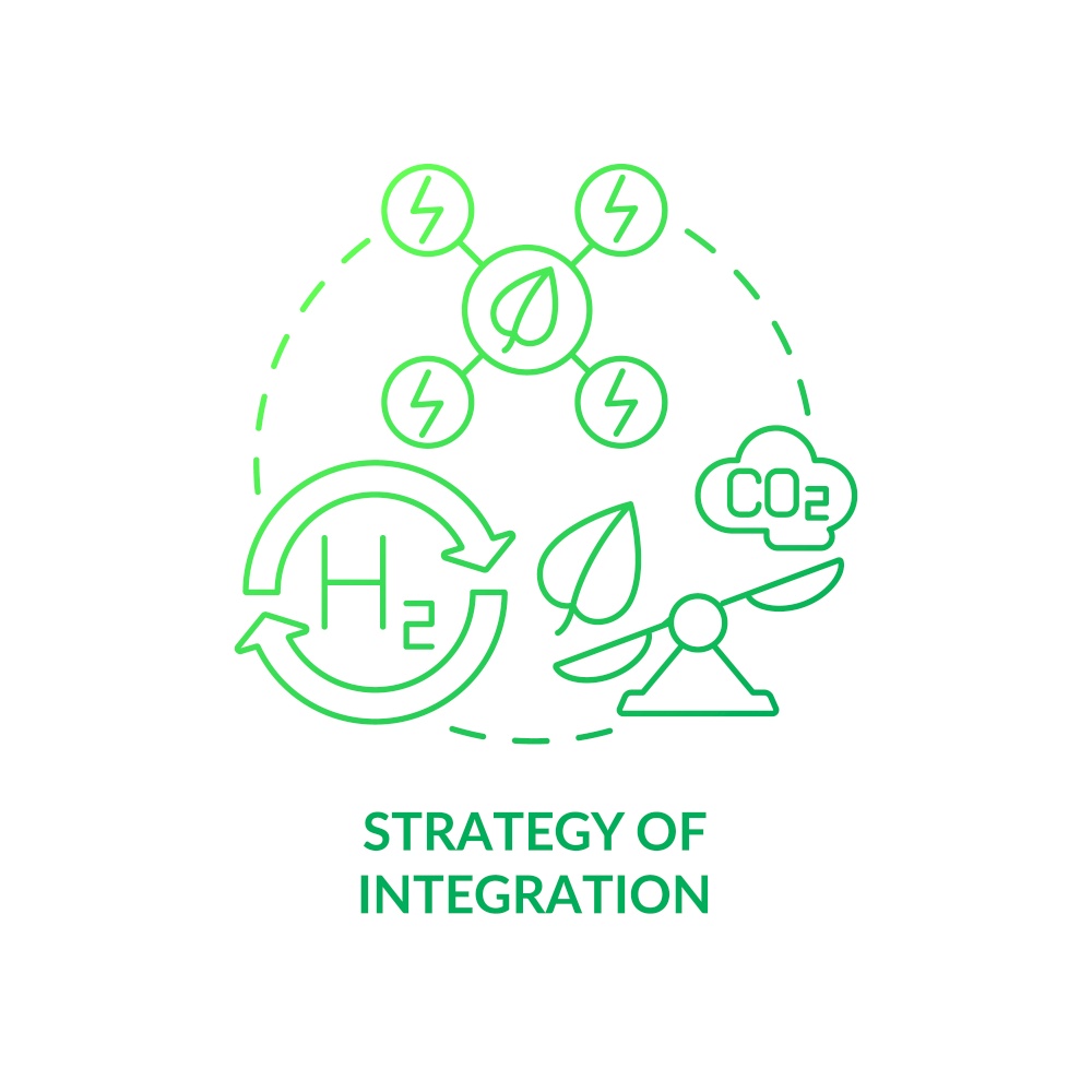 Integration strategy green gradient concept icon. Renewable energy source. Decarbonization plan abstract idea thin line illustration. Isolated outline drawing. Myriad Pro-Bold font used. Integration strategy green gradient concept icon