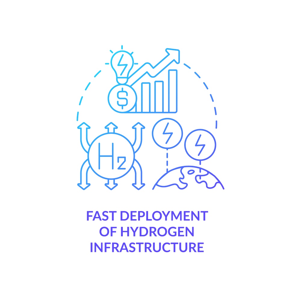 Fast hydrogen infrastructure deployment blue gradient concept icon. Energy source. Green strategy abstract idea thin line illustration. Isolated outline drawing. Myriad Pro-Bold font used. Fast hydrogen infrastructure deployment blue gradient concept icon