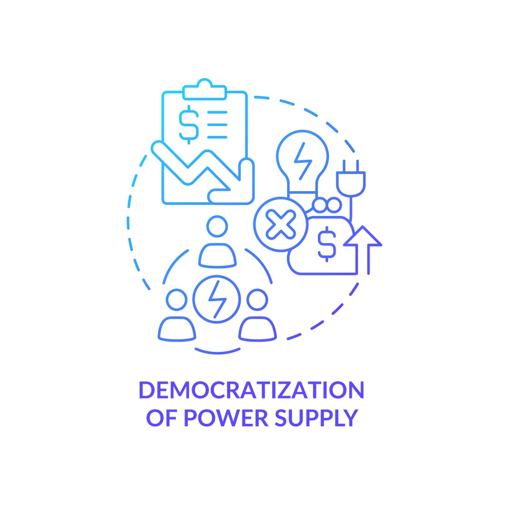 Democratization of power supply blue gradient concept icon. Green energy. Hydrogen fuel cells benefit abstract idea thin line illustration. Isolated outline drawing. Myriad Pro-Bold font used. Democratization of power supply blue gradient concept icon