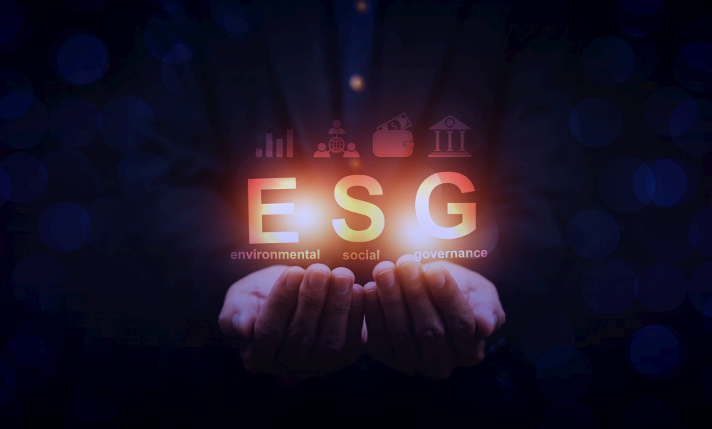 ESG visual screen on hand.ESG environmental social governance business strategy investing concept.