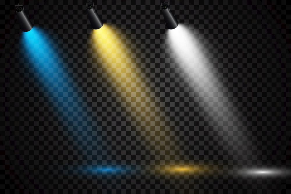 Set of colored spotlights on a transparent background. Bright lighting with spotlights. Spotlight white, blue, yellow. Set of colored spotlights on a transparent background. Bright lighting with spotlights. Spotlight white, blue, yellow.