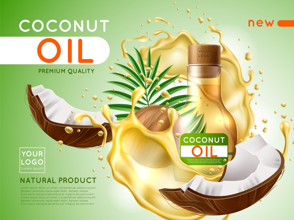 Realistic coconut oil poster. Care serum, liquid hair and skin care product, glass transparent bottle with nut pieces and splashes, marketing promotional banner with copy space, utter vector concept. Realistic coconut oil poster. Care serum, liquid hair and skin care product, glass transparent bottle with nut pieces and splashes, marketing promotional banner, utter vector concept