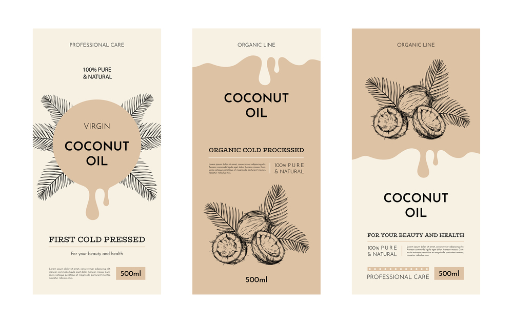 Coconut oil, cosmetic or cooking package label. Organic hair shampoo drop on background, beauty hand skin, herb cream. Botanical engraving style isolated elements. Vector packaging design illustration. Coconut oil, cosmetic or cooking package label. Organic hair shampoo drop on background, beauty hand skin, herb cream. Botanical engraving style isolated elements. Vector design illustration