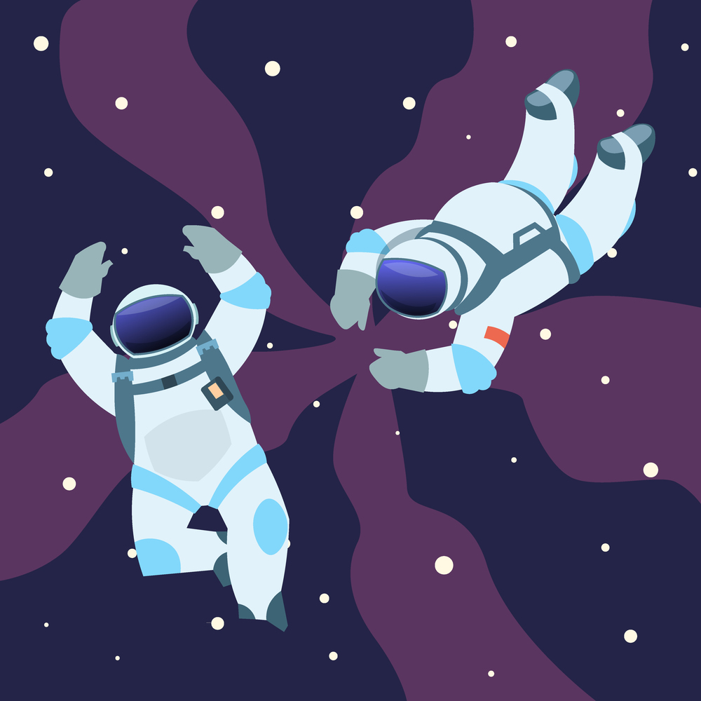 Astronauts. People in spacesuits and helmets in outer space. Galaxy exploration, Cosmonauts in zero gravity, universe explorer, cosmic journey. Black sky and stars. Vector cartoon flat illustration. Astronauts. People in spacesuits in outer space. Galaxy exploration, Cosmonauts in zero gravity, universe explorer, cosmic journey. Black sky and stars. Vector cartoon flat illustration