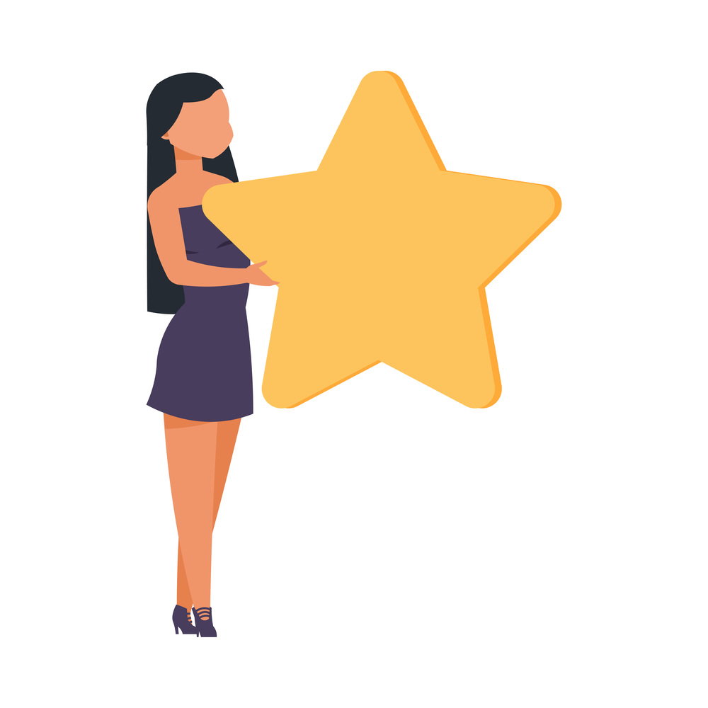 Customer rating. Standing girl hold gold star. Review and feedback, clients satisfaction and quality ranking, people support product or company. Cartoon flat style isolated illustration vector concept. Customer rating. Standing girl hold gold star. Review and feedback, clients satisfaction and quality ranking, people support product or company. Cartoon flat illustration, vector concept