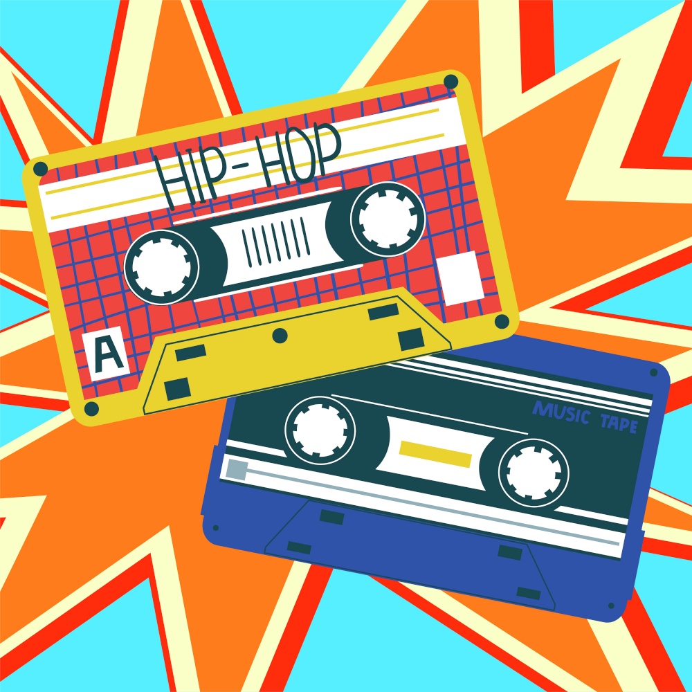Retro cassette. Analogue audio objects, bright colorful abstract poster, contemporary card, Vintage songs mix tape, old multimedia, 80s 90s disco melody, trendy print. Vector cartoon flat poster. Retro cassette. Analogue audio objects, bright colorful abstract poster, contemporary card, Vintage songs mix tape, 80s 90s disco melody, trendy print. Vector cartoon flat poster