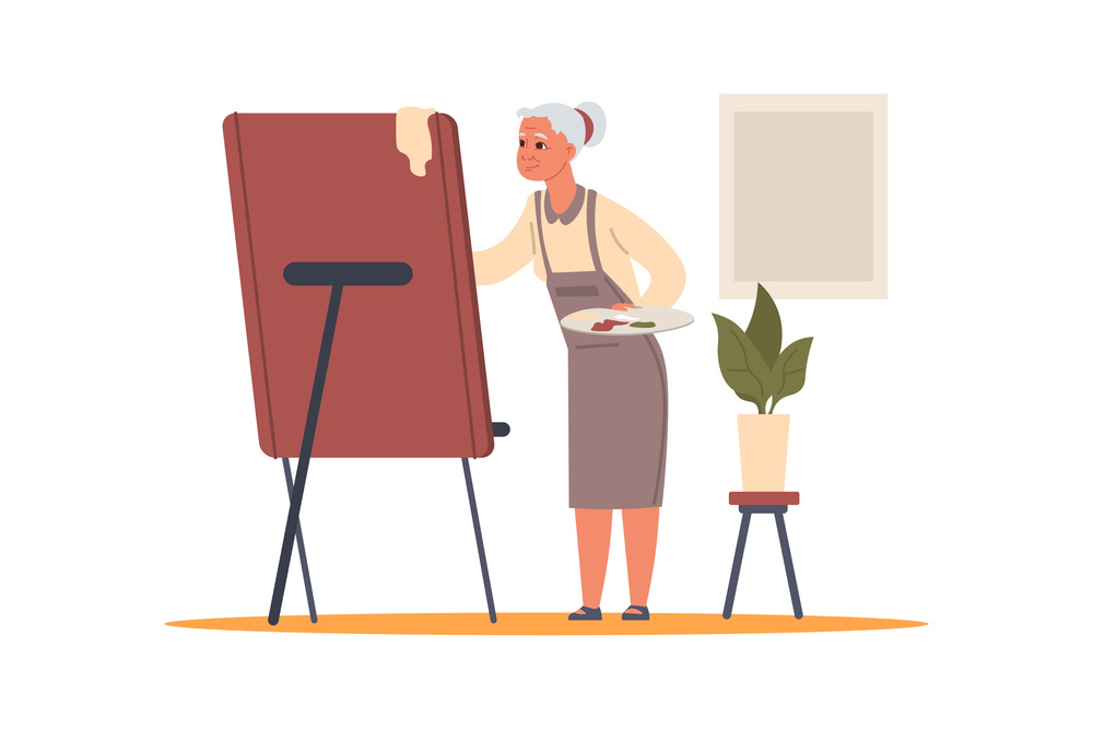 Senior people. Elderly cartoon character drawing picture with easel and paint palette. Grandmother leisure. Retired person hobby. Aged painter. Pensioner woman creative activities. Vector illustration. Senior people. Elderly cartoon character drawing picture with easel and palette. Grandmother leisure. Retired person hobby. Aged painter. Pensioner woman activities. Vector illustration