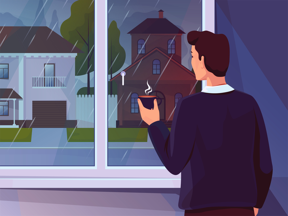 Rain weather. Man looking out window and drinking hot beverage. Water puddles on suburban street. Autumn nature landscape. Person watching on city road. Outside houses. Vector illustration background. Rain weather. Man looking out window and drinking hot beverage. Puddles on suburban street. Nature landscape. Person watching on city road. Outside houses. Vector illustration background